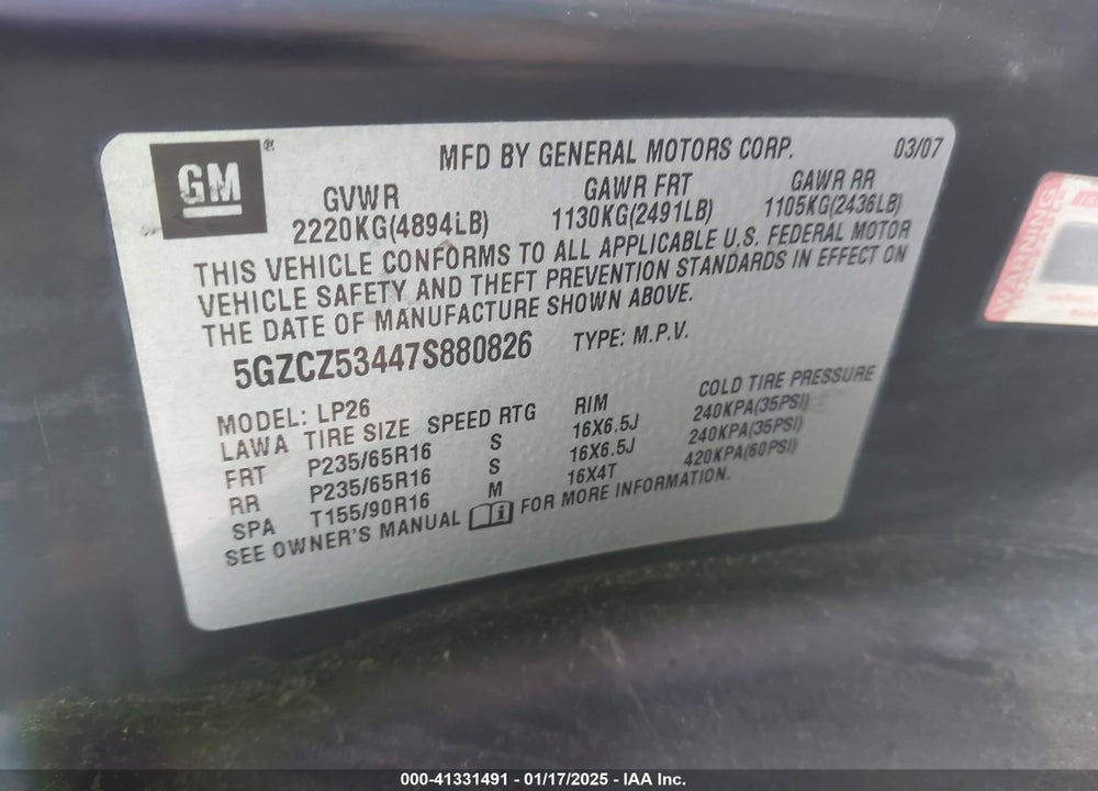 2007 SATURN VUE V6 VIN: 5GZCZ53447S880826