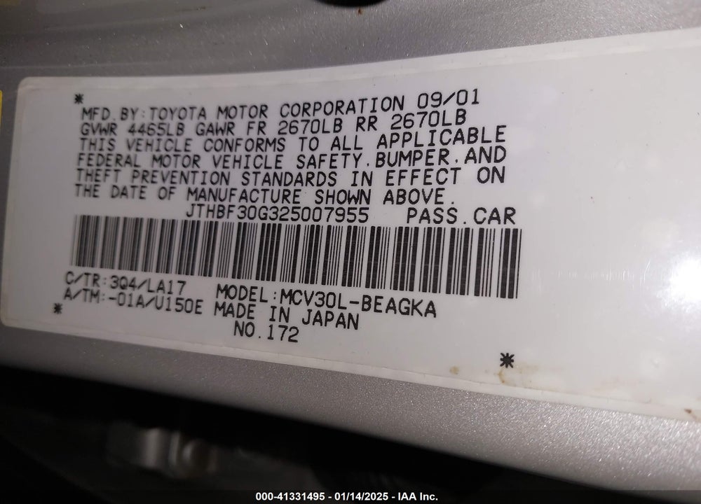 2002 LEXUS ES 300 VIN: JTHBF30G325007955