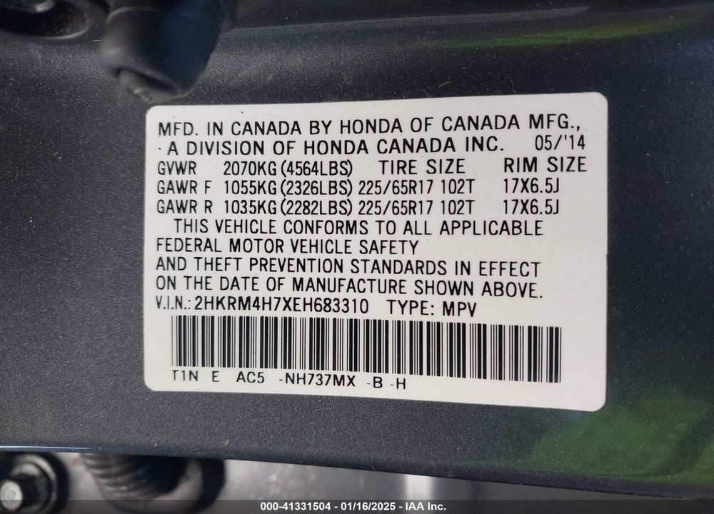 2014 HONDA CR-V EX-L VIN: 2HKRM4H7XEH683310