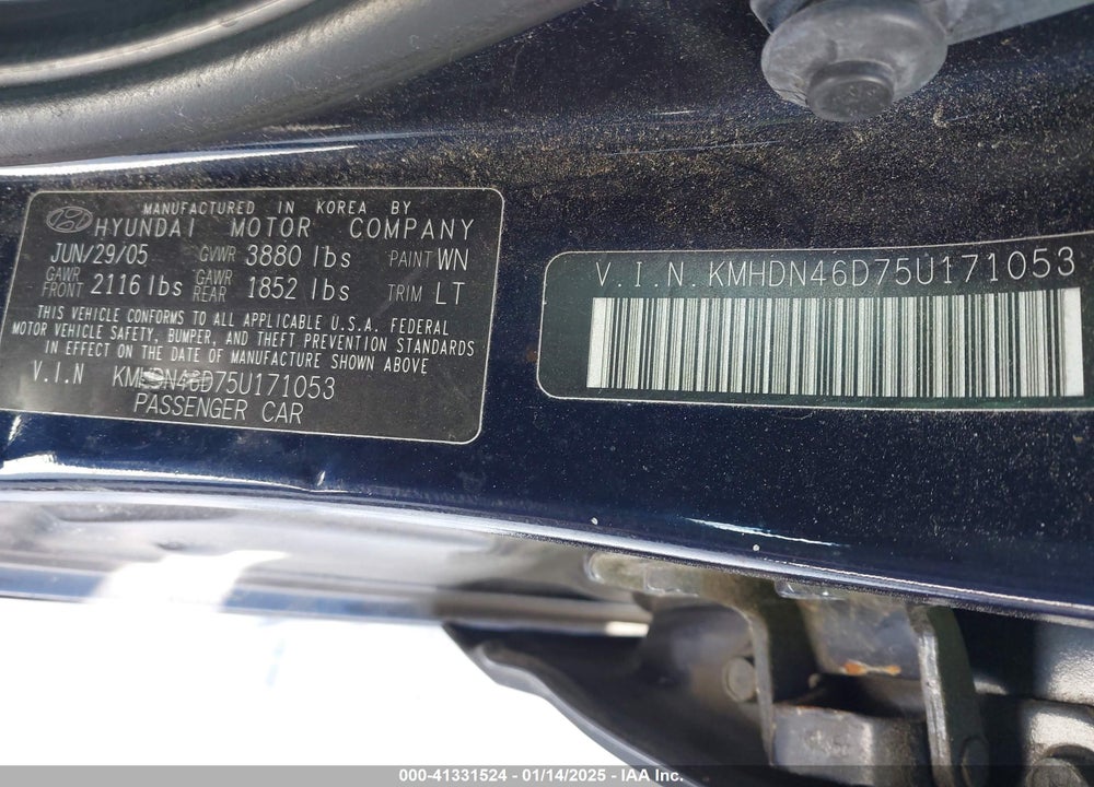 2005 HYUNDAI ELANTRA VIN: KMHDN46D75U171053