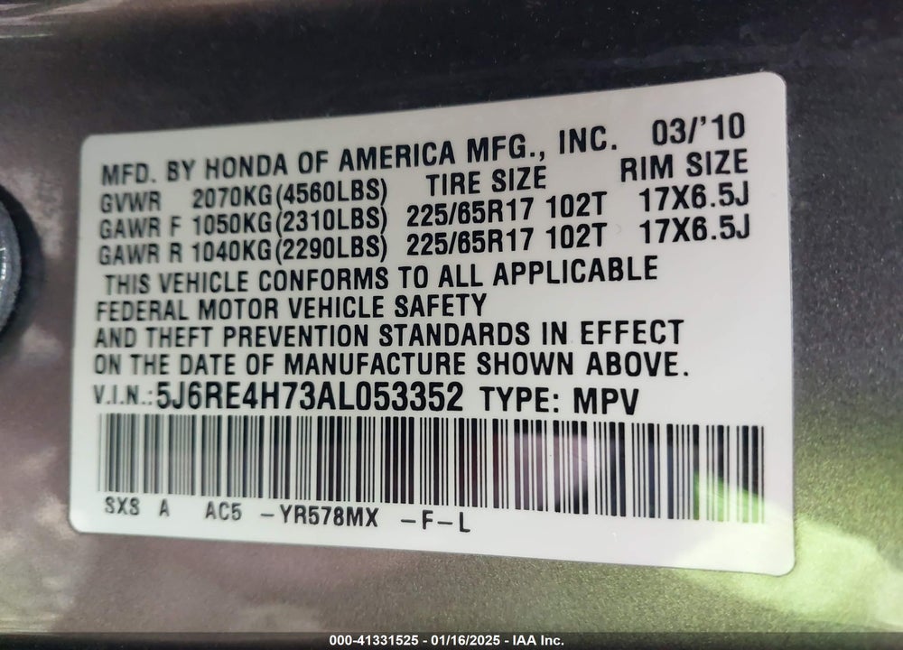 2010 HONDA CR-V EX-L VIN: 5J6RE4H73AL053352