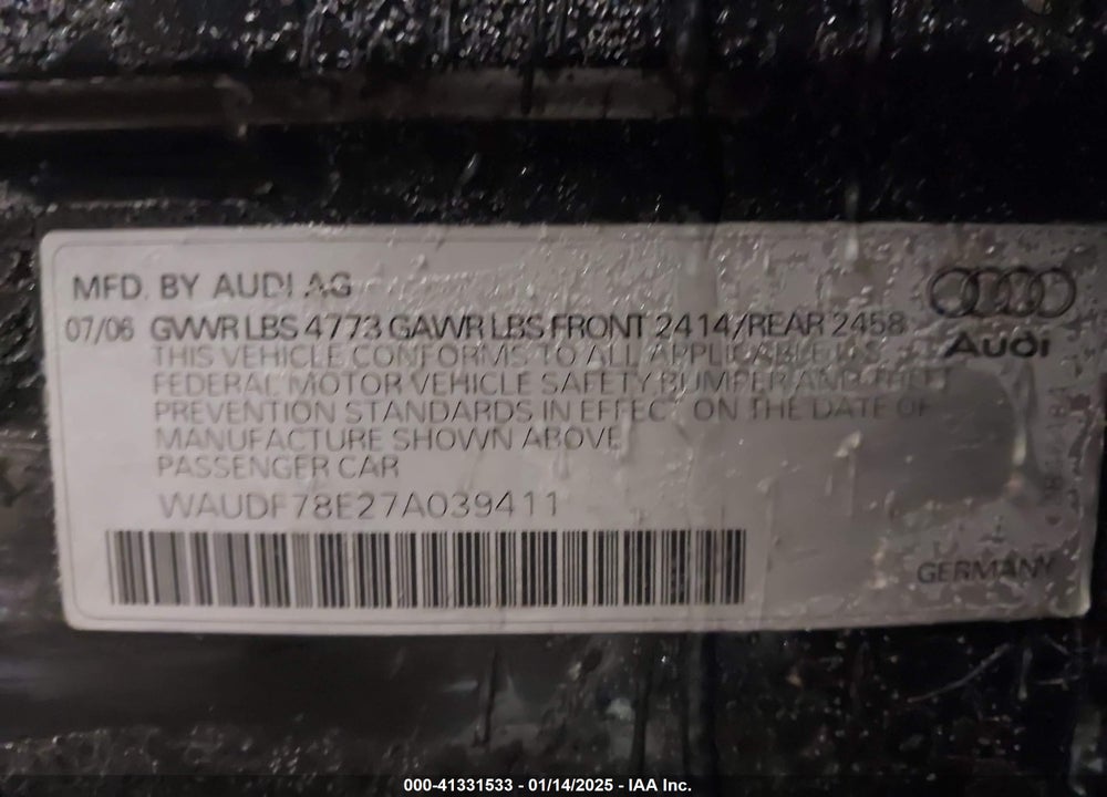2007 AUDI A4 VIN: WAUDF78E27A039411
