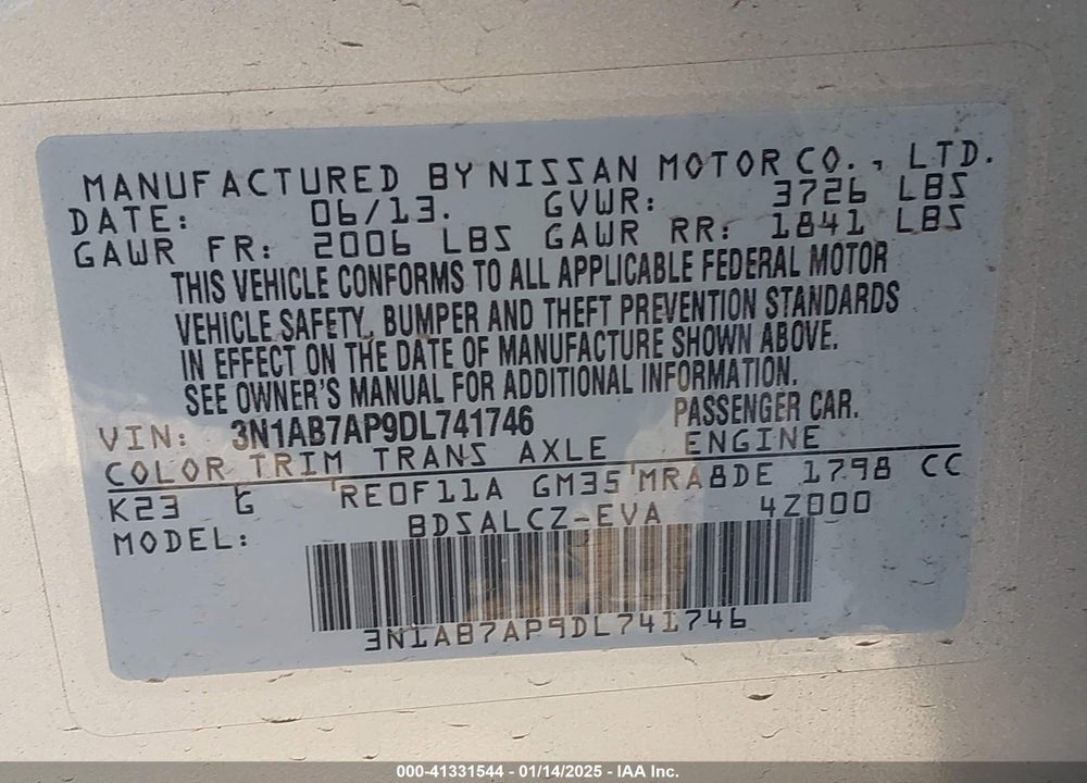 2013 NISSAN SENTRA S VIN: 3N1AB7AP9DL741746