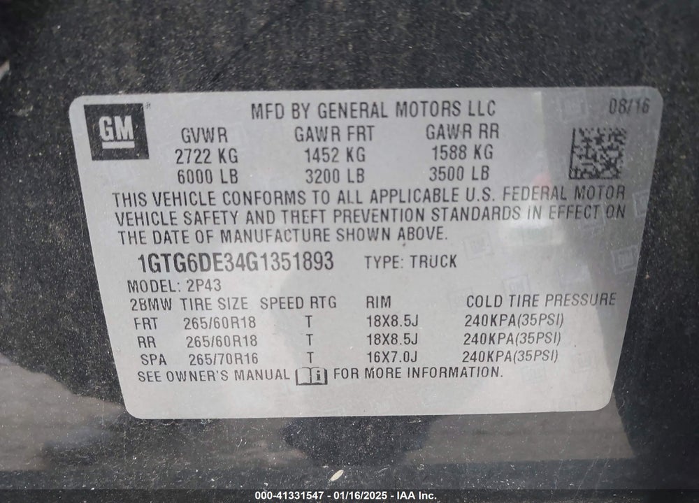 2016 GMC CANYON VIN: 1GTG6DE34G1351893