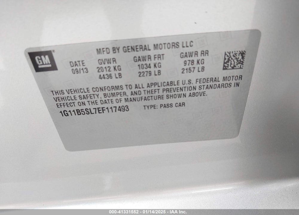 2014 CHEVROLET MALIBU VIN: 1G11B5SL7EF117493