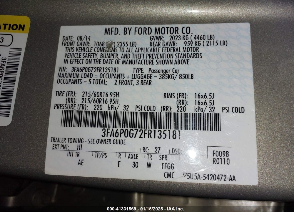 2015 FORD FUSION VIN: 3FA6P0G72FR135181