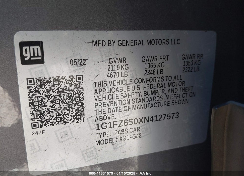 2022 CHEVROLET BOLT EUV FWD PREMIER VIN: 1G1FZ6S0XN4127573