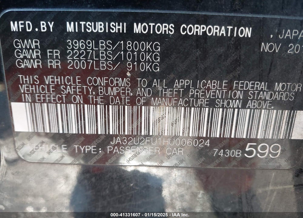 2017 MITSUBISHI LANCER VIN: JA32U2FU1HU006024