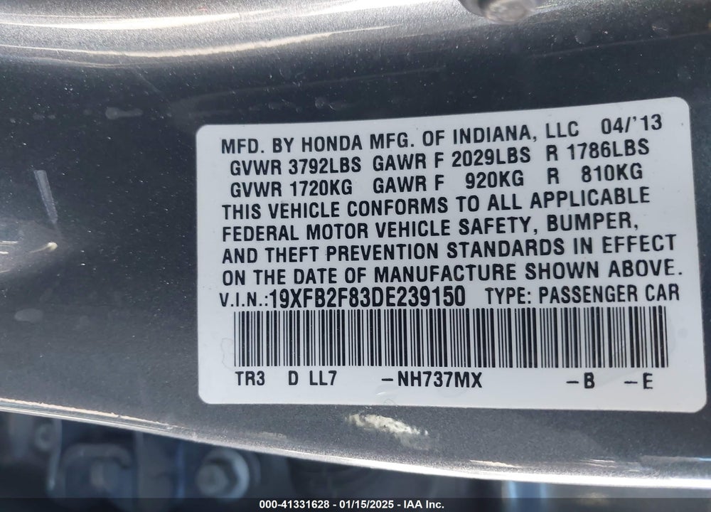 2013 HONDA CIVIC VIN: 19XFB2F83DE239150