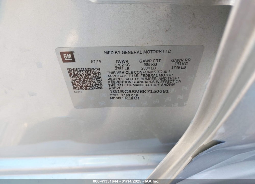 2019 CHEVROLET CRUZE VIN: 1G1BC5SM6K7150081