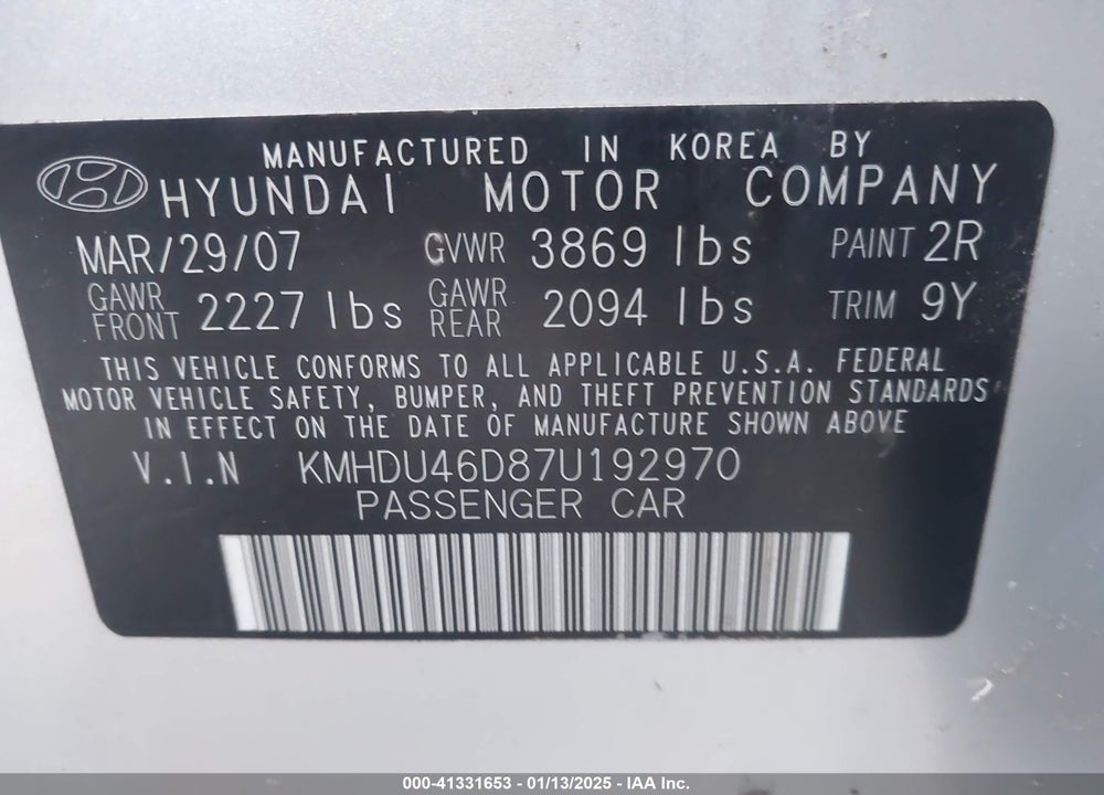 2007 HYUNDAI ELANTRA VIN: KMHDU46D87U192970