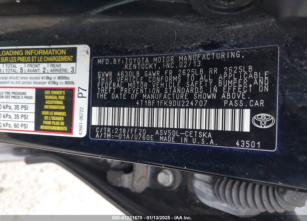 2013 TOYOTA CAMRY SE VIN: 4T1BF1FK9DU224707