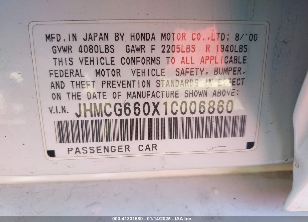 2001 HONDA ACCORD 2.3 EX VIN: JHMCG660X1C006860