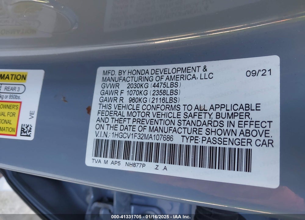 2021 HONDA ACCORD VIN: 1HGCV1F32MA107686