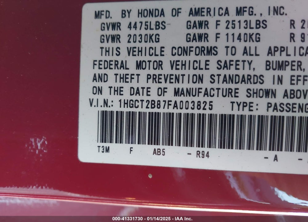 2015 HONDA ACCORD VIN: 1HGCT2B87FA003825