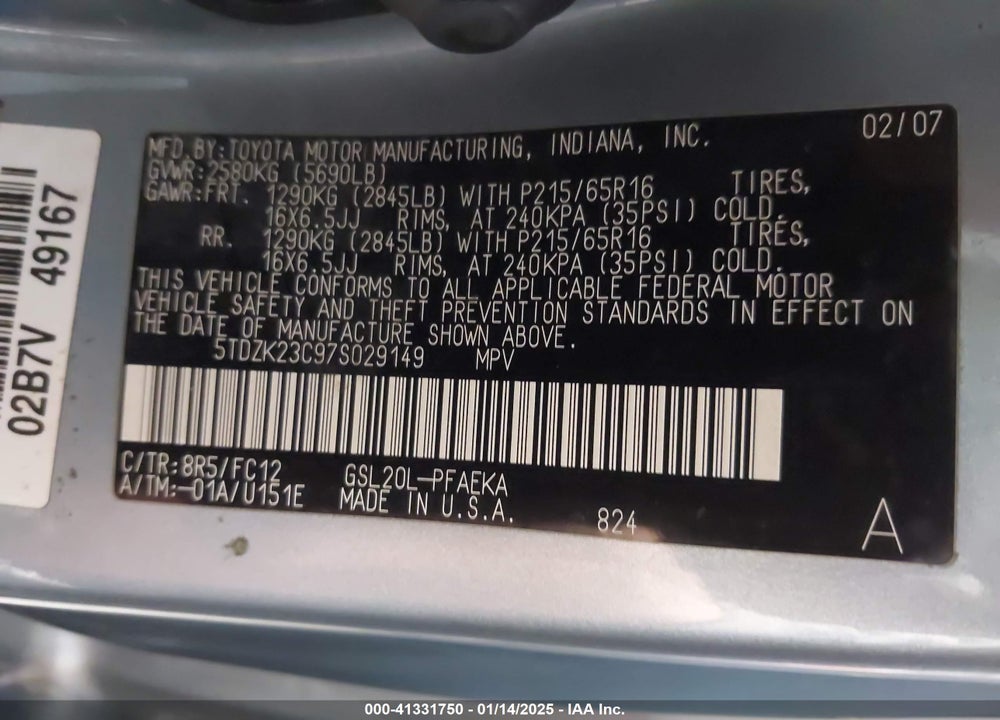 2007 TOYOTA SIENNA LE VIN: 5TDZK23C97S029149