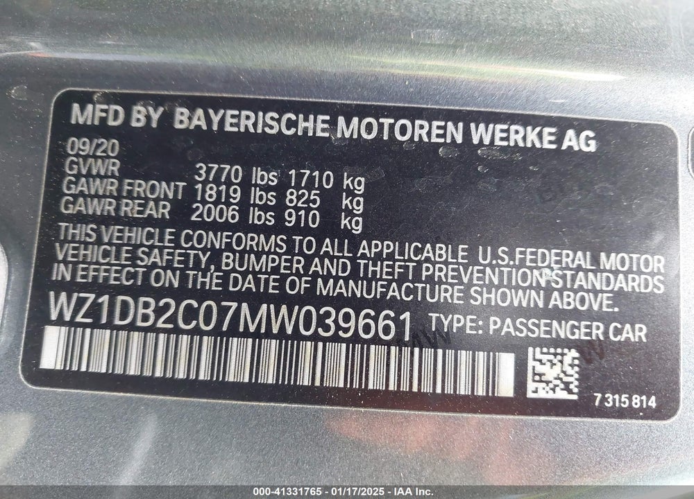 2021 TOYOTA SUPRA VIN: WZ1DB2C07MW039661