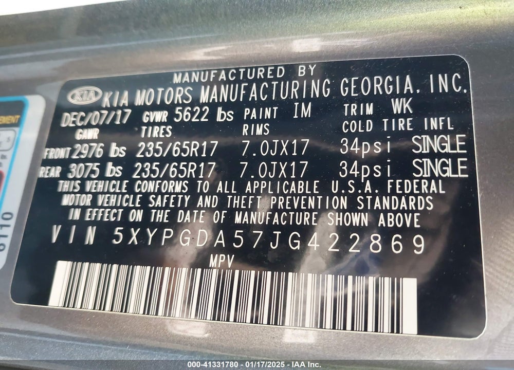 2018 KIA SORENTO 3.3L LX VIN: 5XYPGDA57JG422869