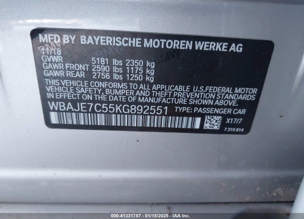 2019 BMW 540I XDRIVE VIN: WBAJE7C55KG892551
