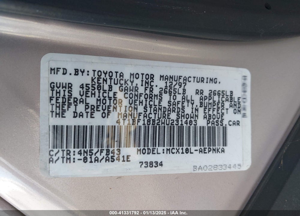 1998 TOYOTA AVALON XL VIN: 4T1BF18B2WU231403