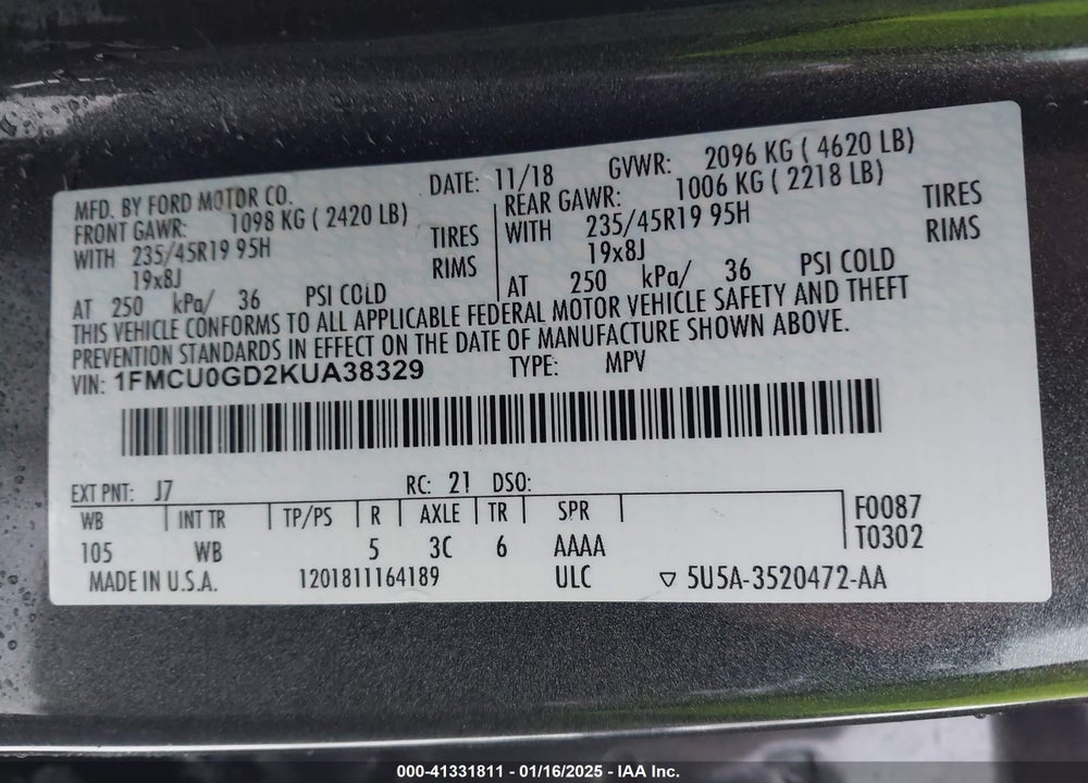 2019 FORD ESCAPE SE VIN: 1FMCU0GD2KUA38329