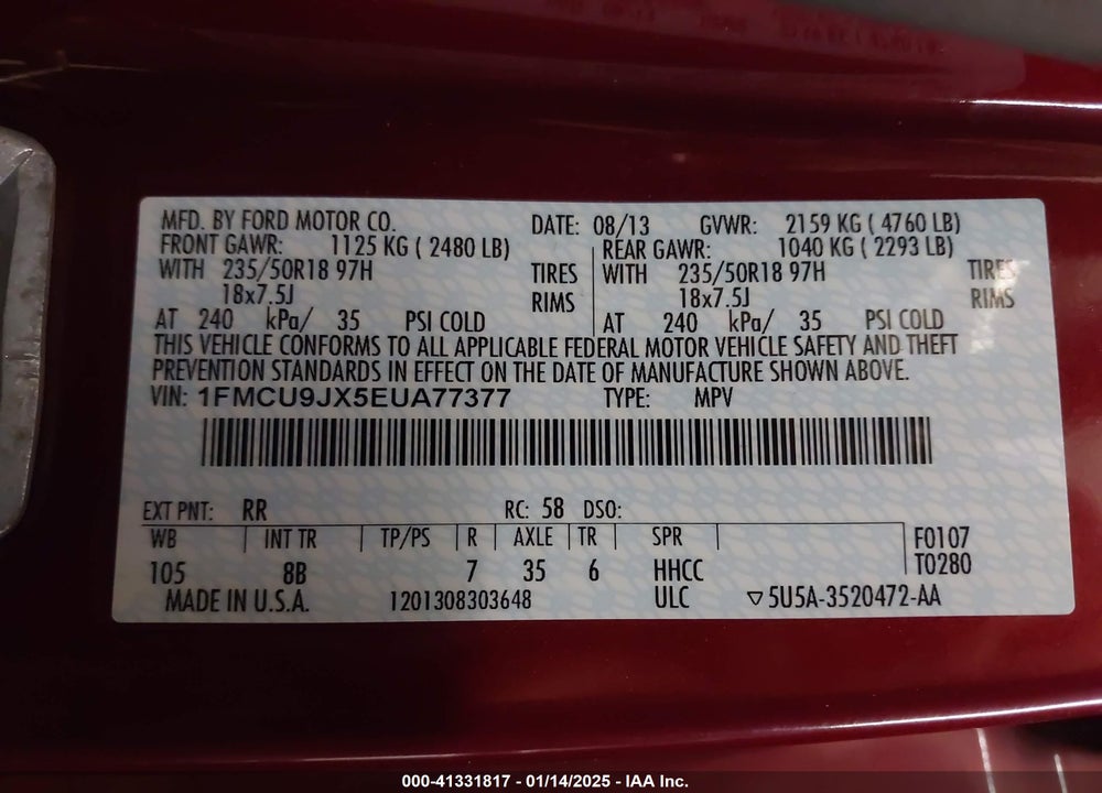 2014 FORD ESCAPE TITANIUM VIN: 1FMCU9JX5EUA77377