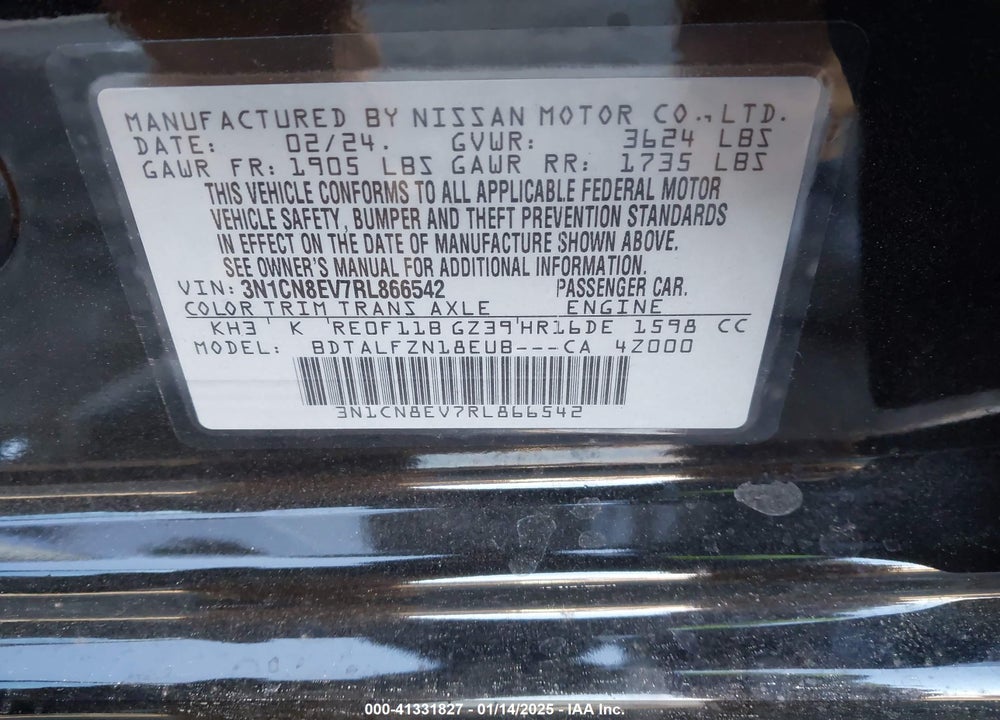 2024 NISSAN VERSA 1.6 SV VIN: 3N1CN8EV7RL866542