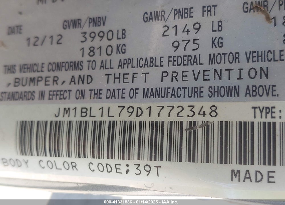 2013 MAZDA 3 I TOURING VIN: JM1BL1L79D1772348