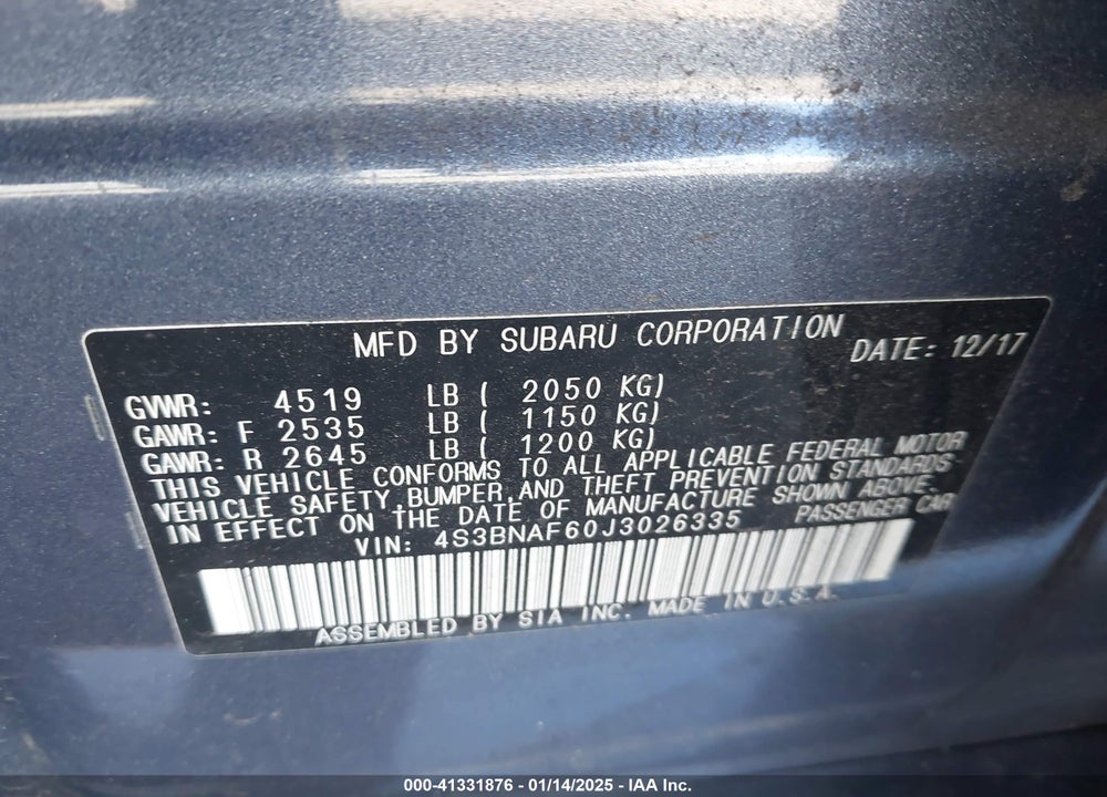 2018 SUBARU LEGACY VIN: 4S3BNAF60J3026335