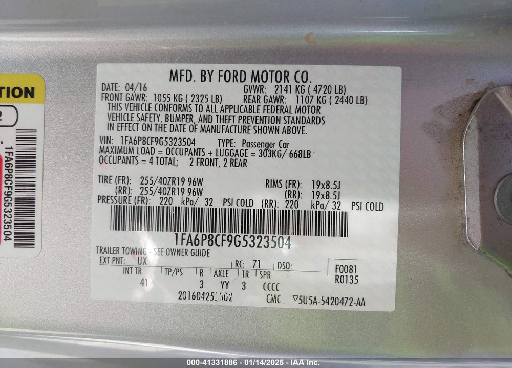 2016 FORD MUSTANG VIN: 1FA6P8CF9G5323504