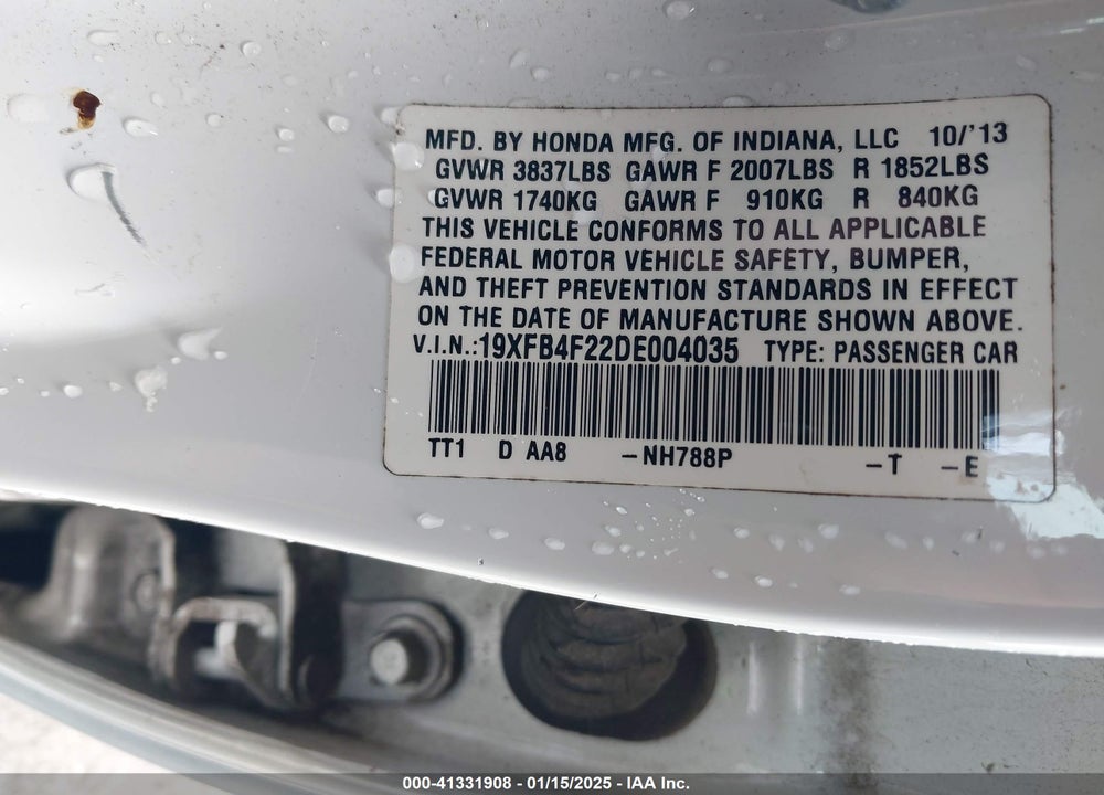 2013 HONDA CIVIC HYBRID VIN: 19XFB4F22DE004035