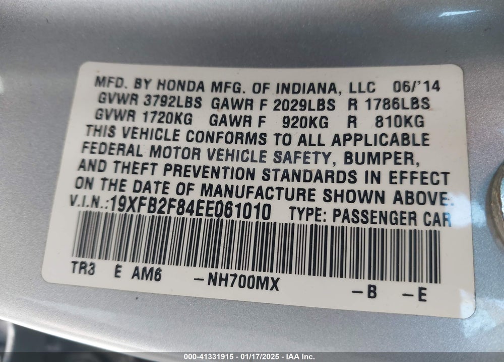 2014 HONDA CIVIC VIN: 19XFB2F84EE061010