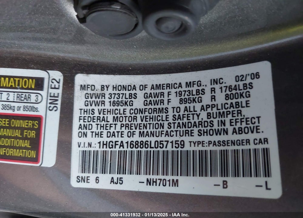 2006 HONDA CIVIC EX VIN: 1HGFA16886L057159