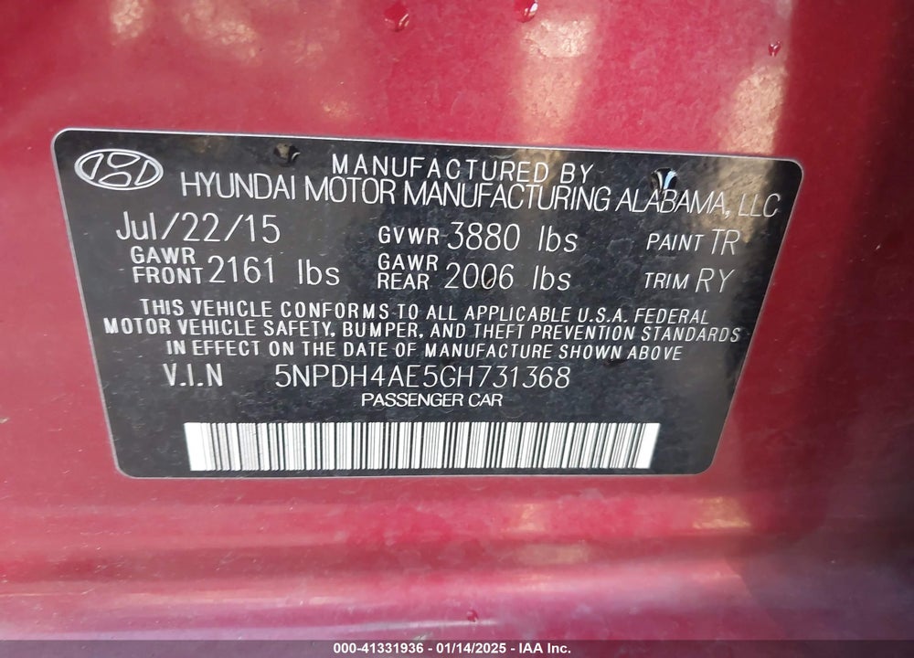 2016 HYUNDAI ELANTRA VALUE EDITION VIN: 5NPDH4AE5GH731368