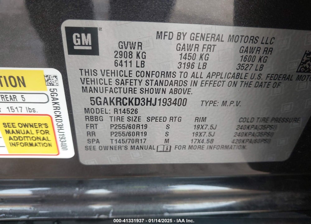 2017 BUICK ENCLAVE PREMIUM VIN: 5GAKRCKD3HJ193400