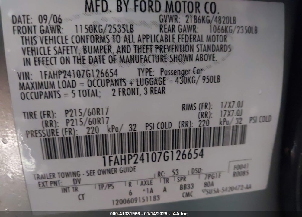 2007 FORD FIVE HUNDRED SEL VIN: 1FAHP24107G126654