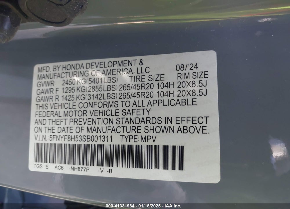 2025 HONDA PASSPORT VIN: 5FNYF8H53SB001311