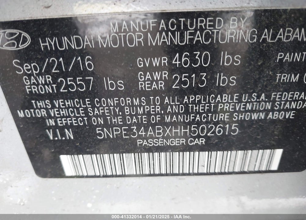 2017 HYUNDAI SONATA VIN: 5NPE34ABXHH502615