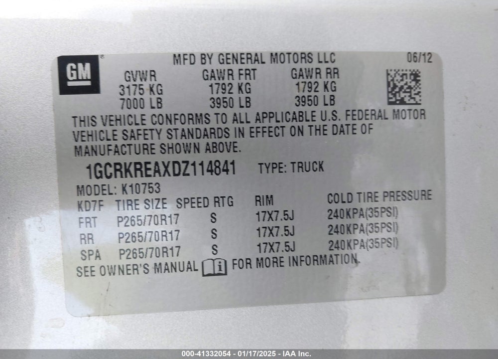 2013 CHEVROLET SILVERADO 1500 VIN: 1GCRKREAXDZ114841