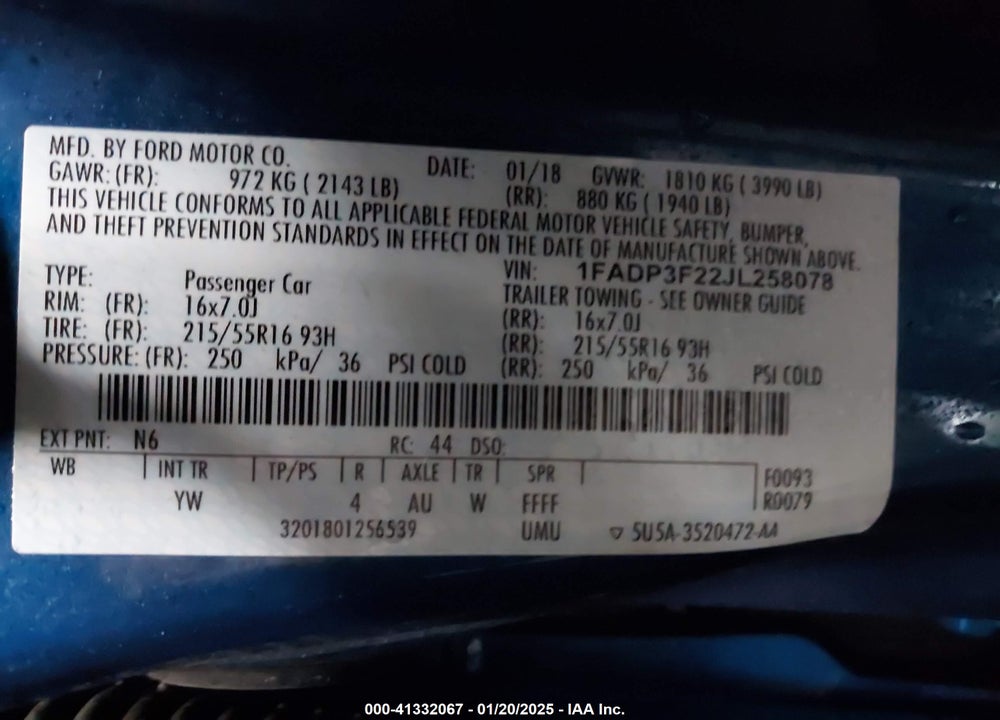 2018 FORD FOCUS VIN: 1FADP3F22JL258078