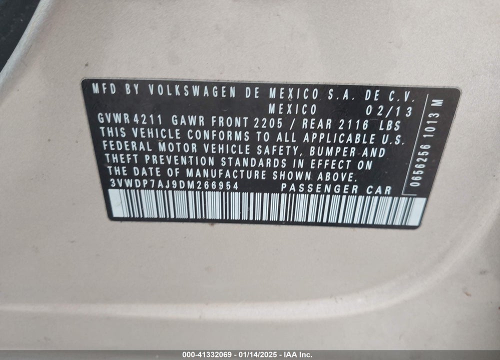 2013 VOLKSWAGEN JETTA VIN: 3VWDP7AJ9DM266954