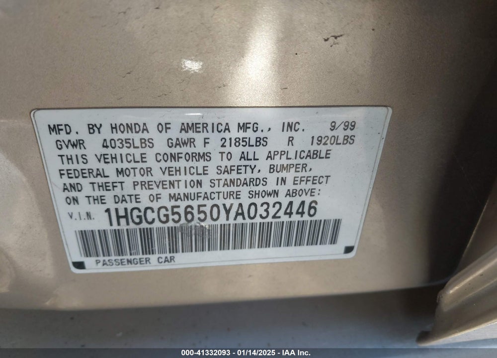 2000 HONDA ACCORD 2.3 EX VIN: 1HGCG5650YA032446