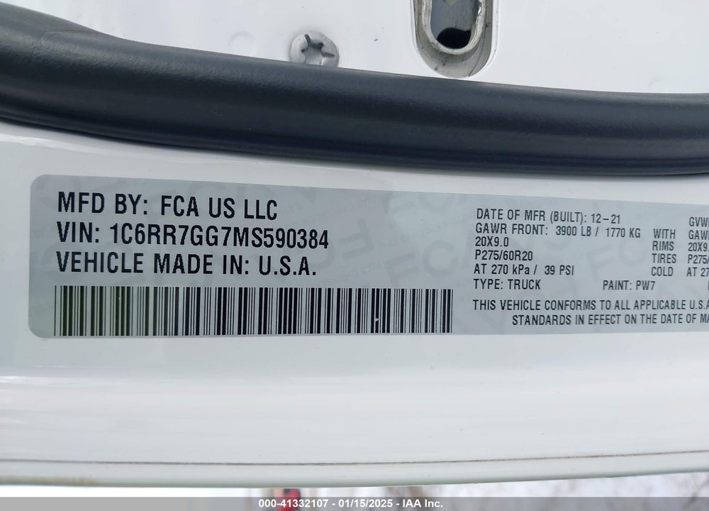 2021 RAM 1500 CLASSIC WARLOCK 4X4 6'4 BOX VIN: 1C6RR7GG7MS590384