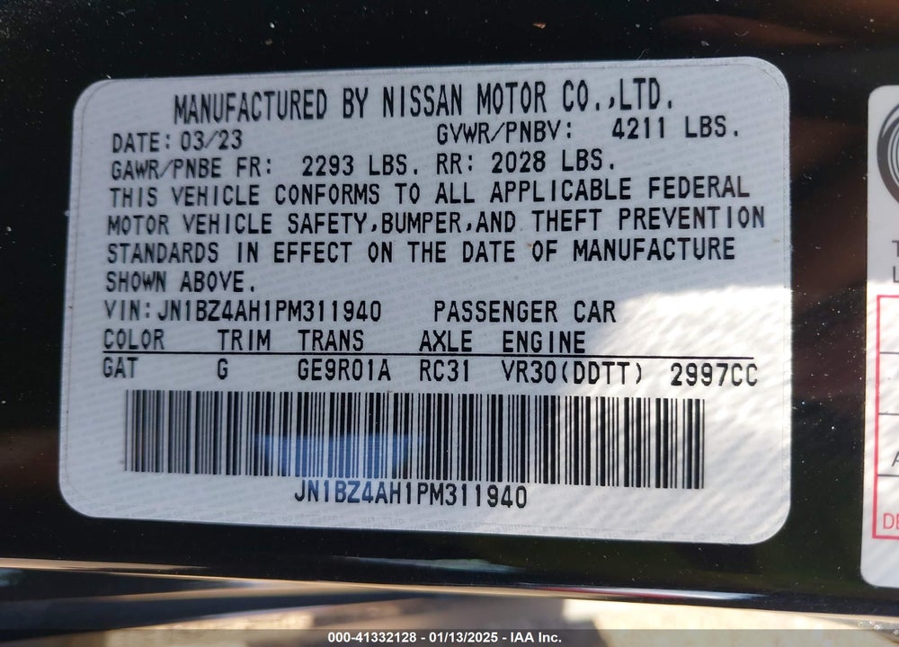 2023 NISSAN Z SPORT AUTO VIN: JN1BZ4AH1PM311940
