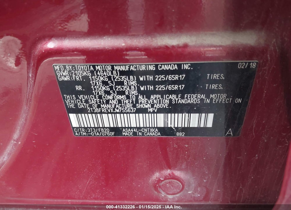 2018 TOYOTA RAV4 LE VIN: 2T3BFREVXJW755637