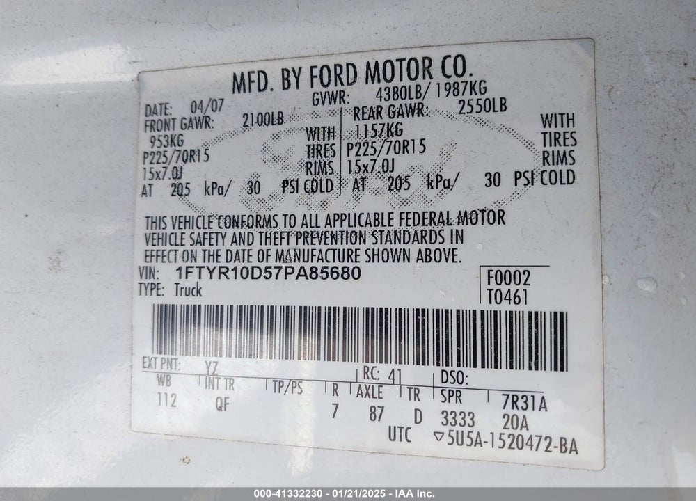 2007 FORD RANGER STX/XL/XLT VIN: 1FTYR10D57PA85680