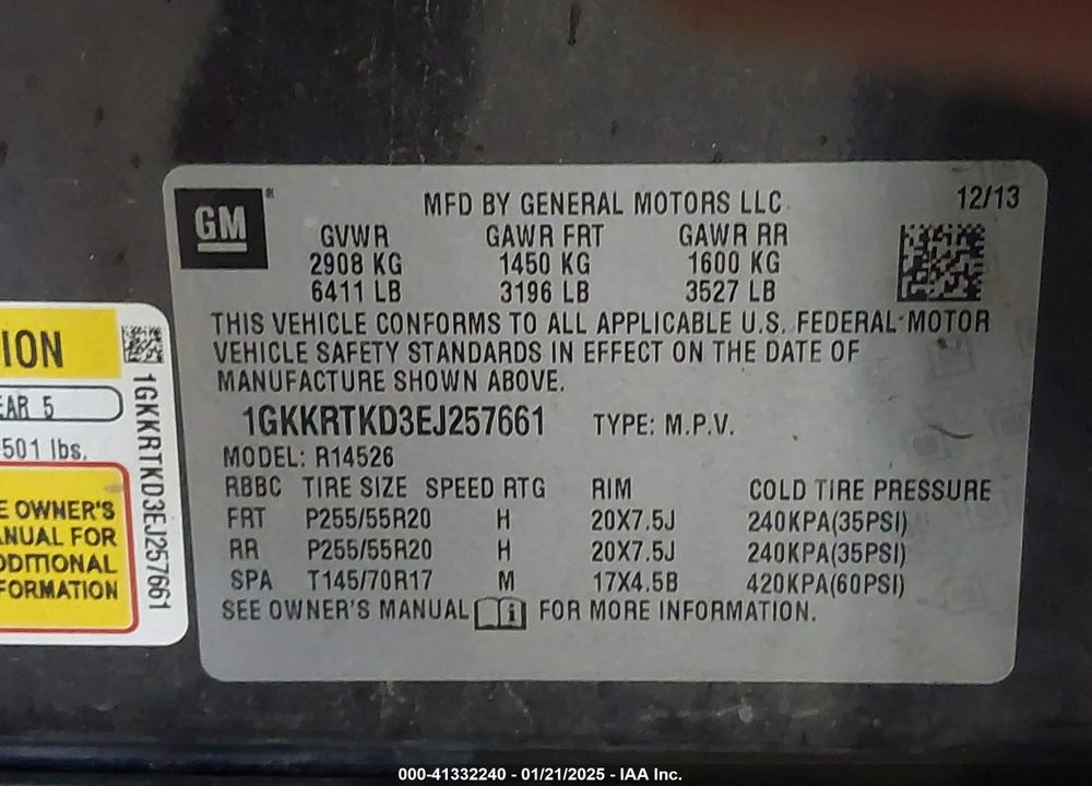 2014 GMC ACADIA DENALI VIN: 1GKKRTKD3EJ257661