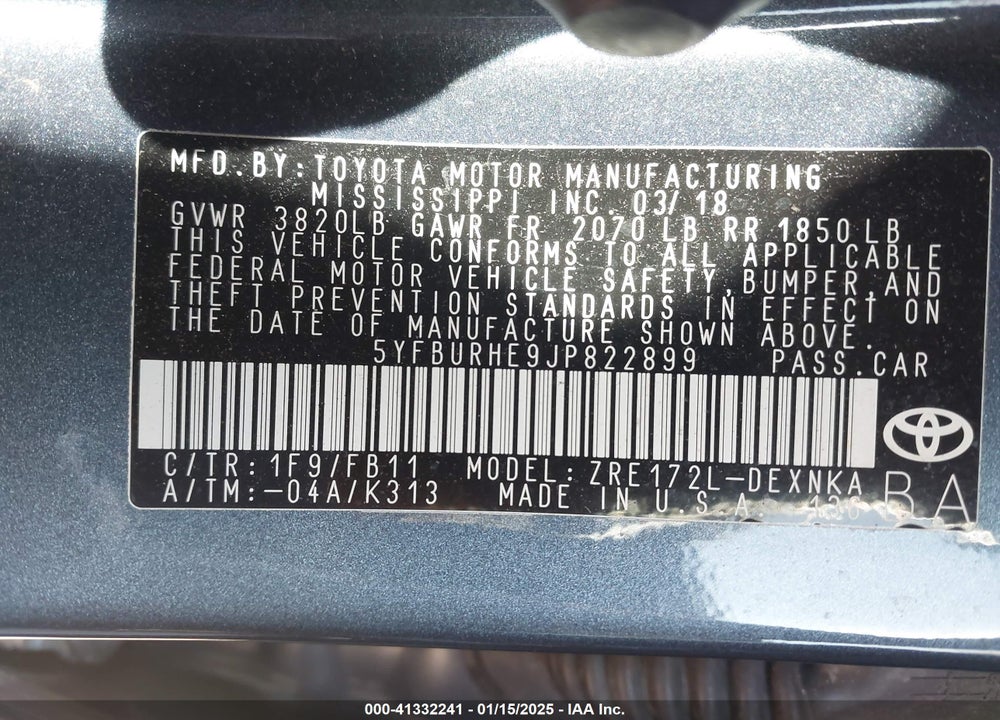 2018 TOYOTA COROLLA VIN: 5YFBURHE9JP822899