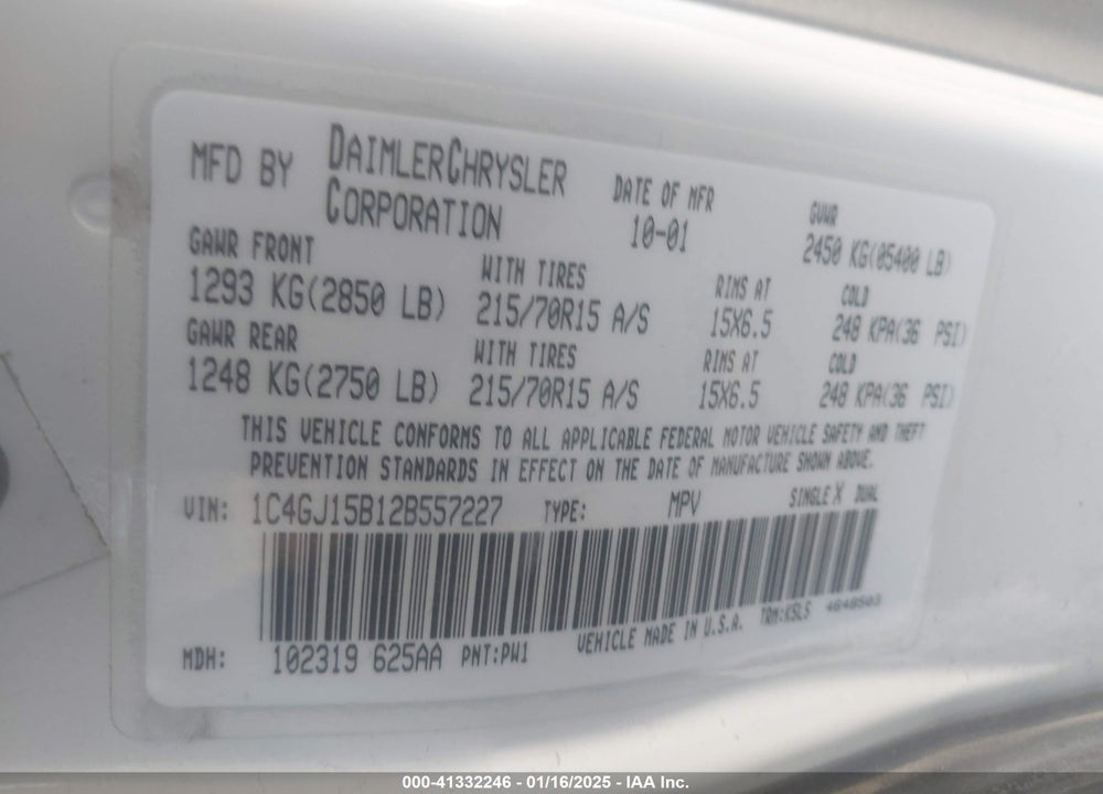 2002 CHRYSLER VOYAGER EC VIN: 1C4GJ15B12B557227