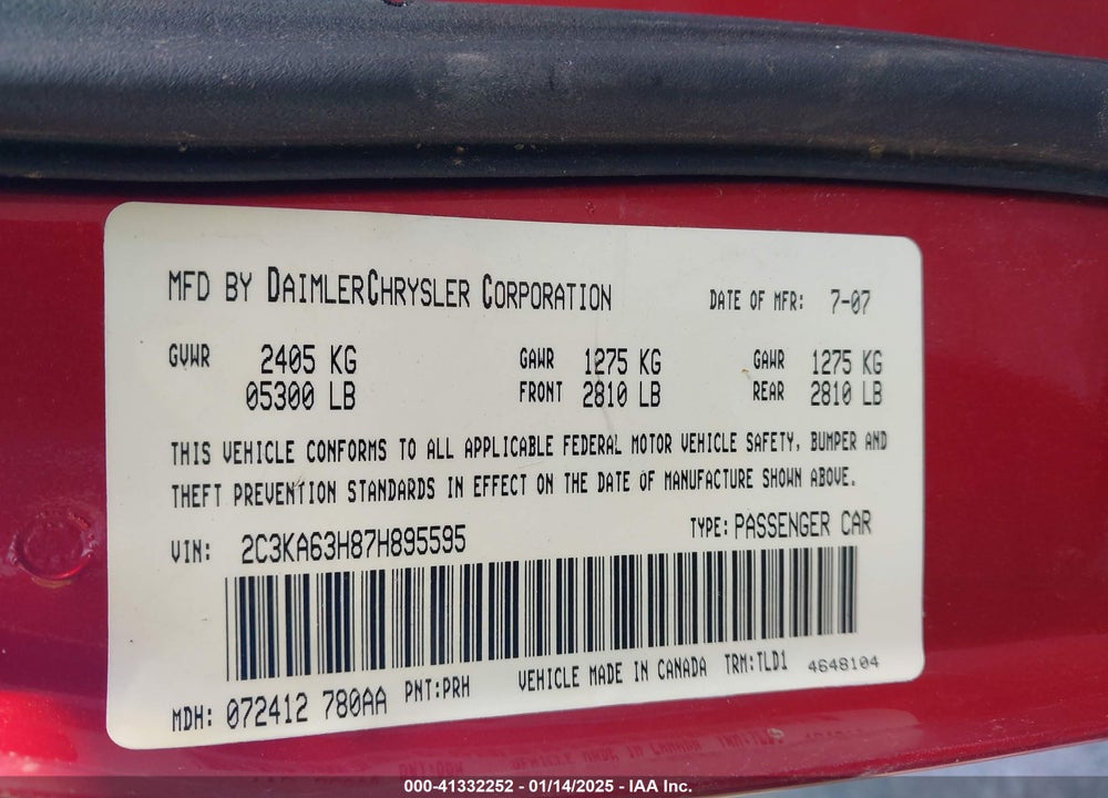 2006 CHRYSLER 300C VIN: 2C3KA63H87H895595